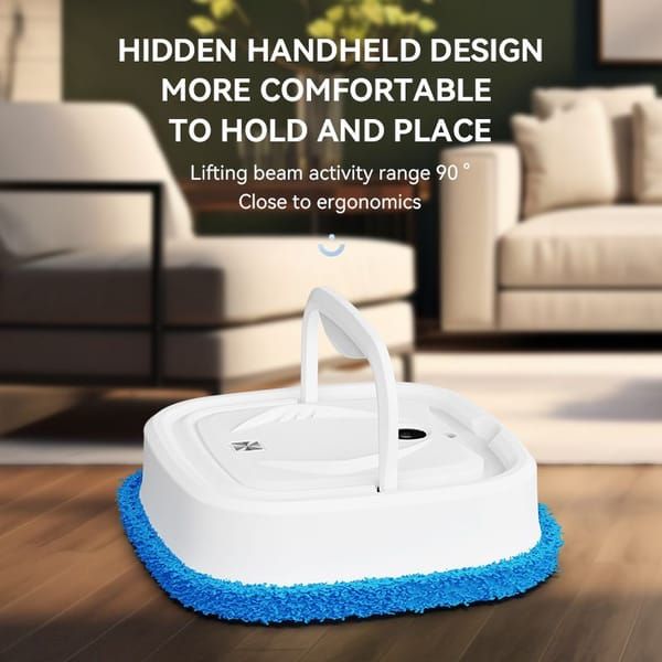 Robotic vacuum cleaner on a wooden floor with text about its design and comfort.