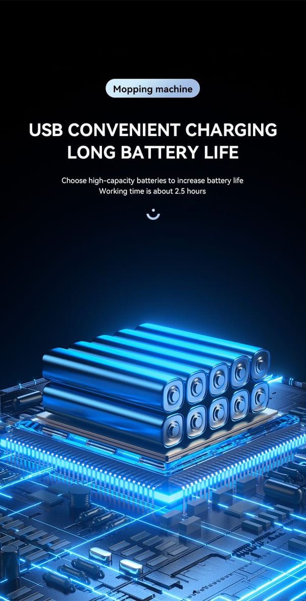 Blue battery cells on a circuit board with text about USB charging and battery life.