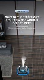 Robotic mopping machine cleaning a floor in a living room setting.