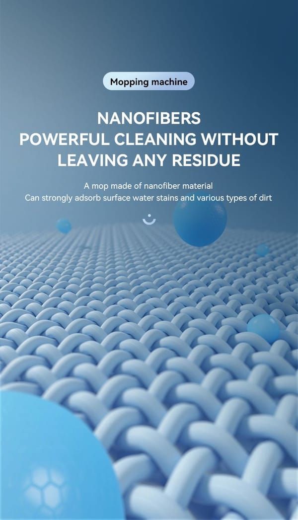 Mopping machine nanofibers with text on a blue background
