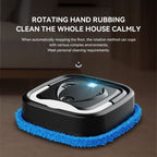 obotic floor cleaner with blue cleaning pad on a dark surface, text about cleaning capabilities.