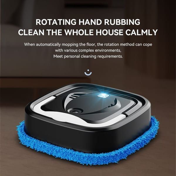 obotic floor cleaner with blue cleaning pad on a dark surface, text about cleaning capabilities.