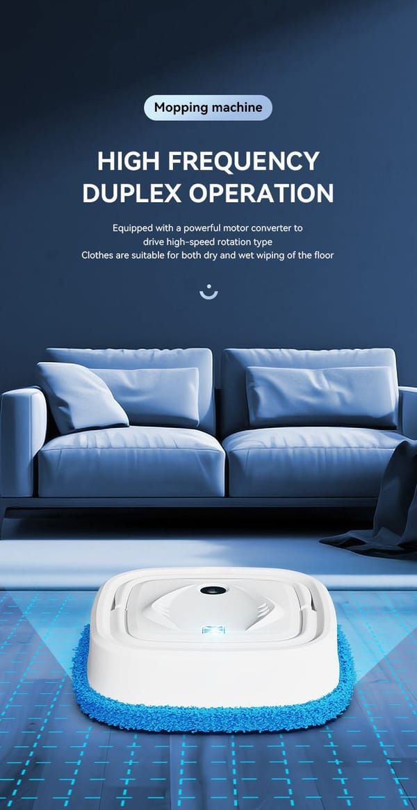 Robotic cleaning machine on a blue floor with a couch in the background