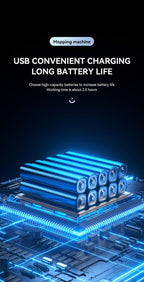 Blue battery cells on a circuit board with text about USB charging and battery life.