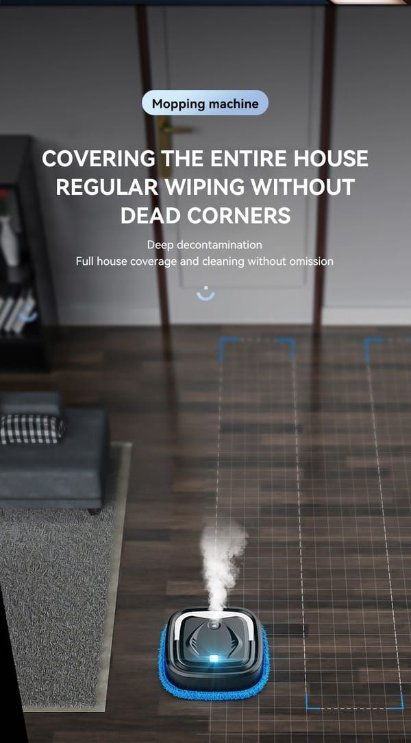 Robotic mopping machine cleaning a floor in a living room setting.