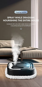 Mopping machine in a living room with text indicating its features.
