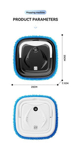 Mopping machine with dimensions and product parameters on a white background