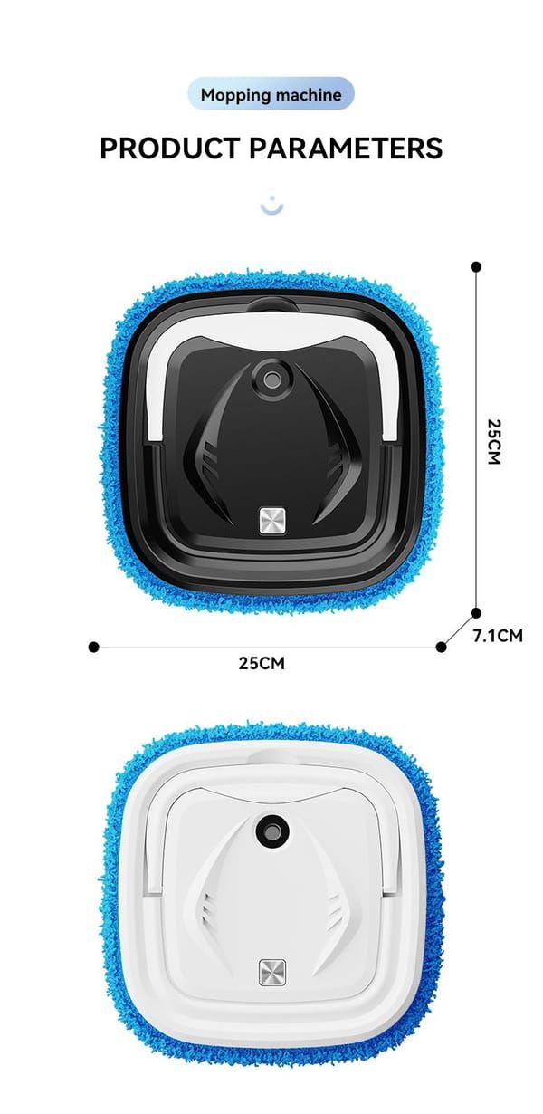 Mopping machine with dimensions and product parameters on a white background