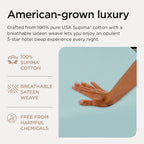 Text about American-grown luxury fabric with a hand on a light blue fabric background