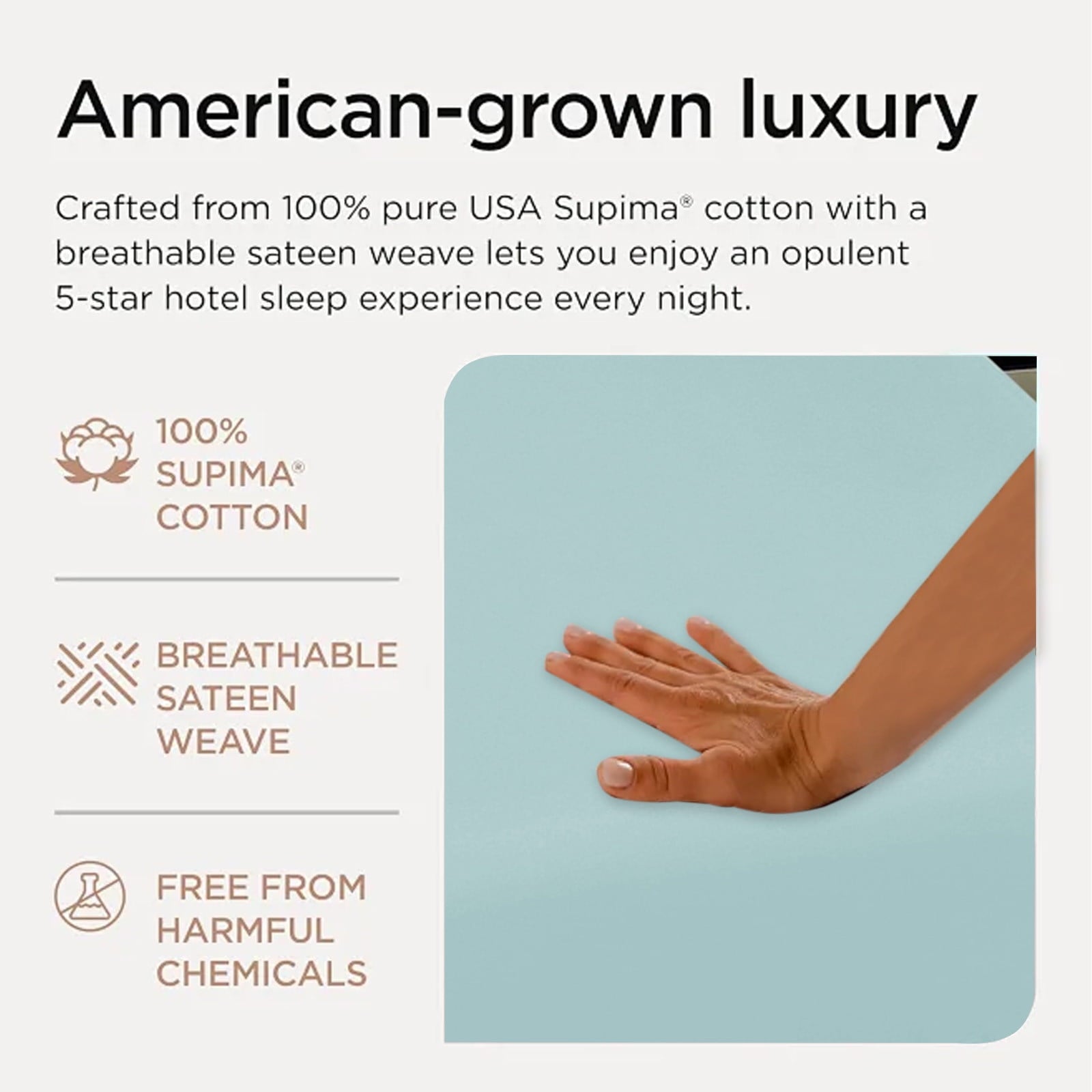 Text about American-grown luxury fabric with a hand on a light blue fabric background
