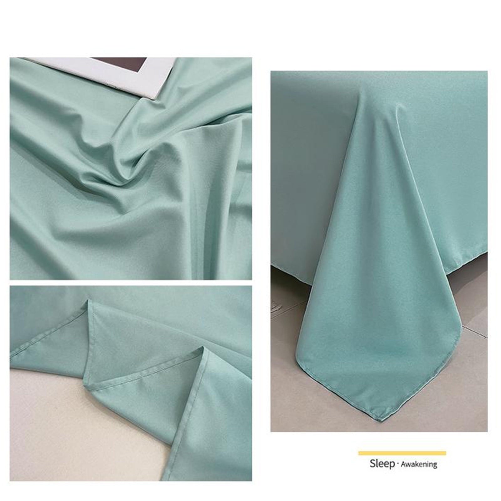 Collage of a light green fabric with close-up details on a white background.