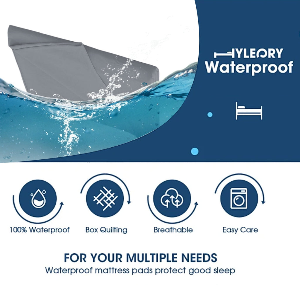 Advertisement for Yleyory waterproof mattress pads with water splash graphic and product features listed.
