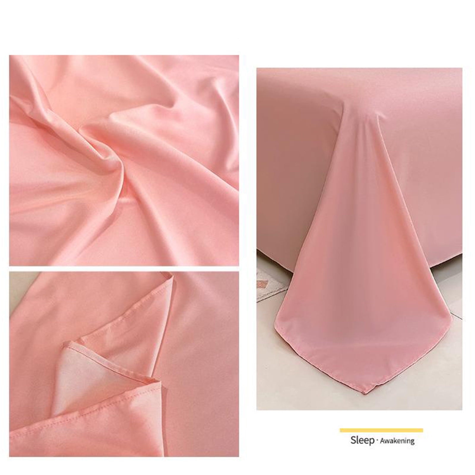 Collage of pink satin fabric with close-up details and a draped sheet on a bed.