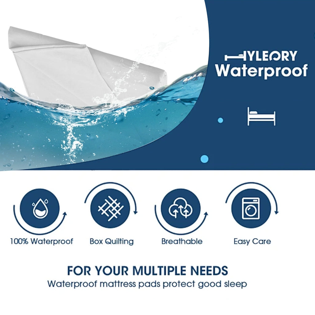 Advertisement for Yleyory waterproof mattress pads with water splash graphic and product features listed.