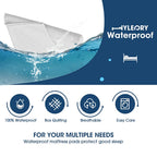 Advertisement for Yleyory waterproof mattress pads with water splash graphic and product features listed.