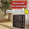 Solid wood foot massager with upgrade feature text in a room with a plant and curtains.