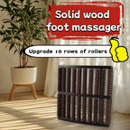 Solid wood foot massager with upgrade feature text in a room with a plant and curtains.