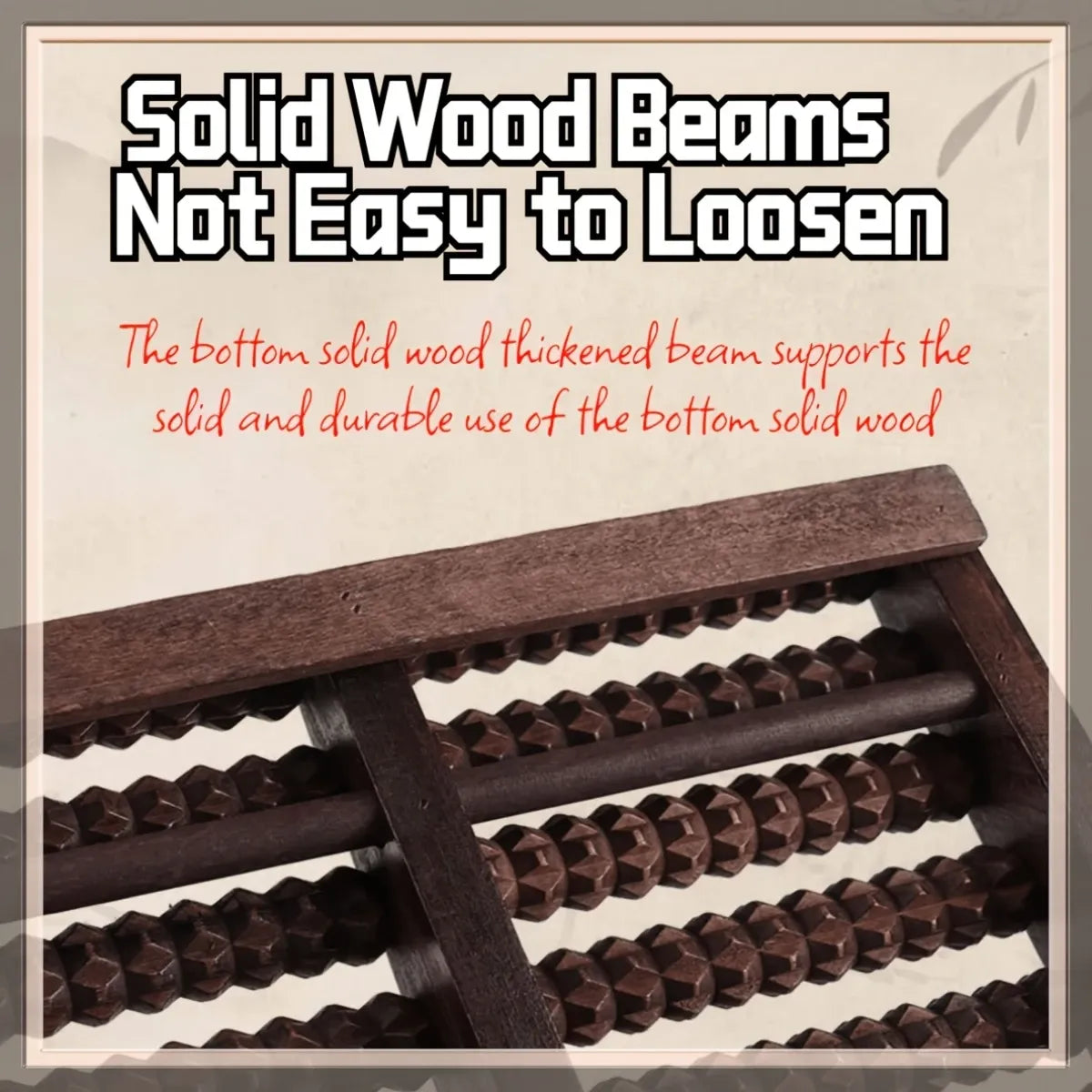 Wooden abacus with text about solid wood beams