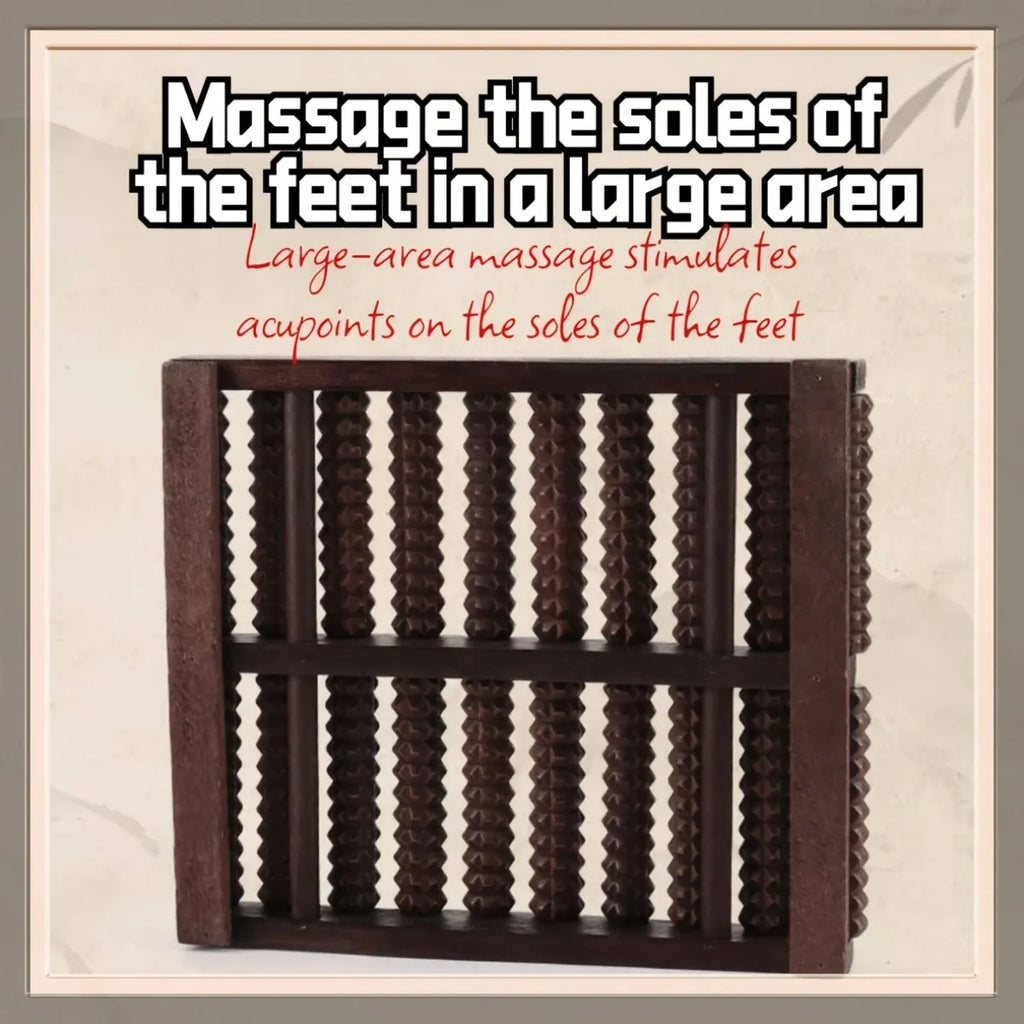 Wooden foot massager with text on a beige background