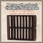 Wooden foot massager with text on a beige background