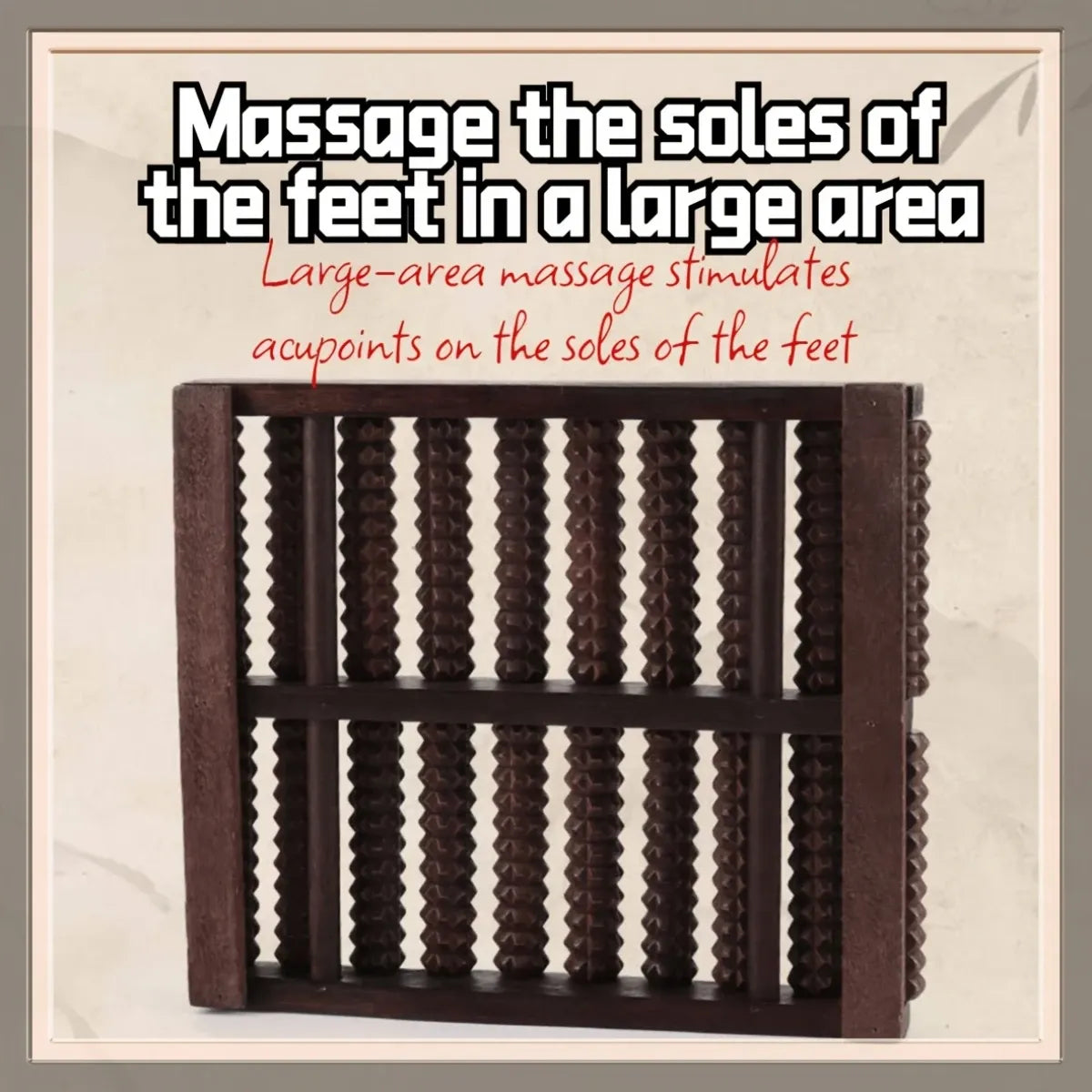 Wooden foot massager with text on a beige background