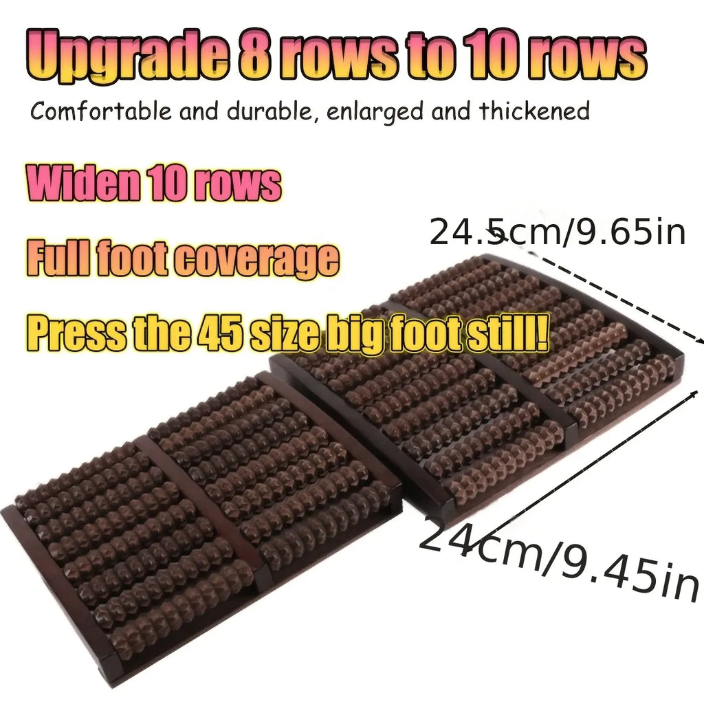 Two brown foot massagers with text highlighting features and dimensions on a white background