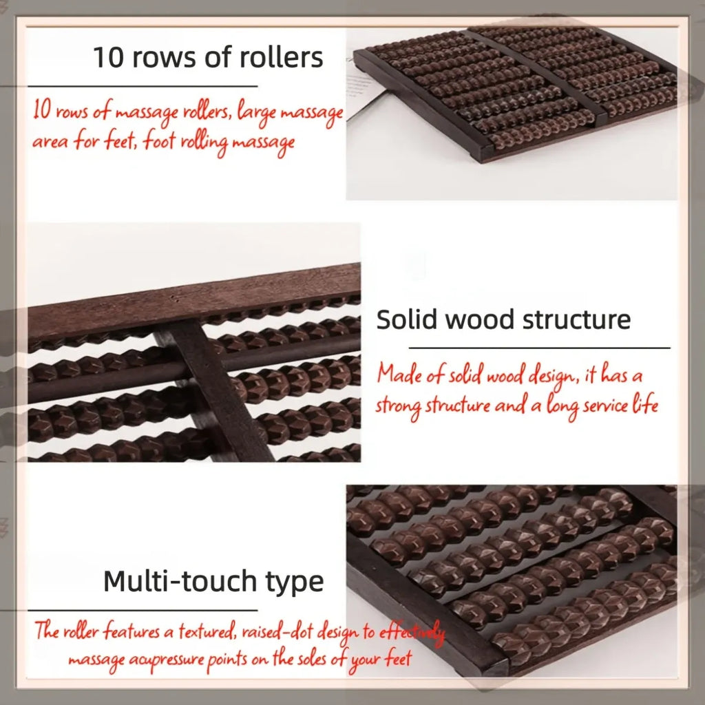 Wooden foot roller massager with text describing features on a white background