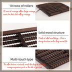 Wooden foot roller massager with text describing features on a white background
