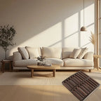 Modern living room with a beige sofa, wooden coffee table, and decorative elements.