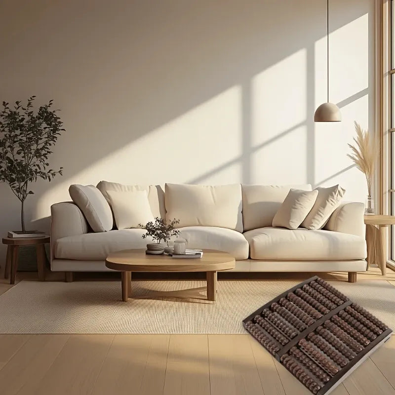 Modern living room with a beige sofa, wooden coffee table, and decorative elements.