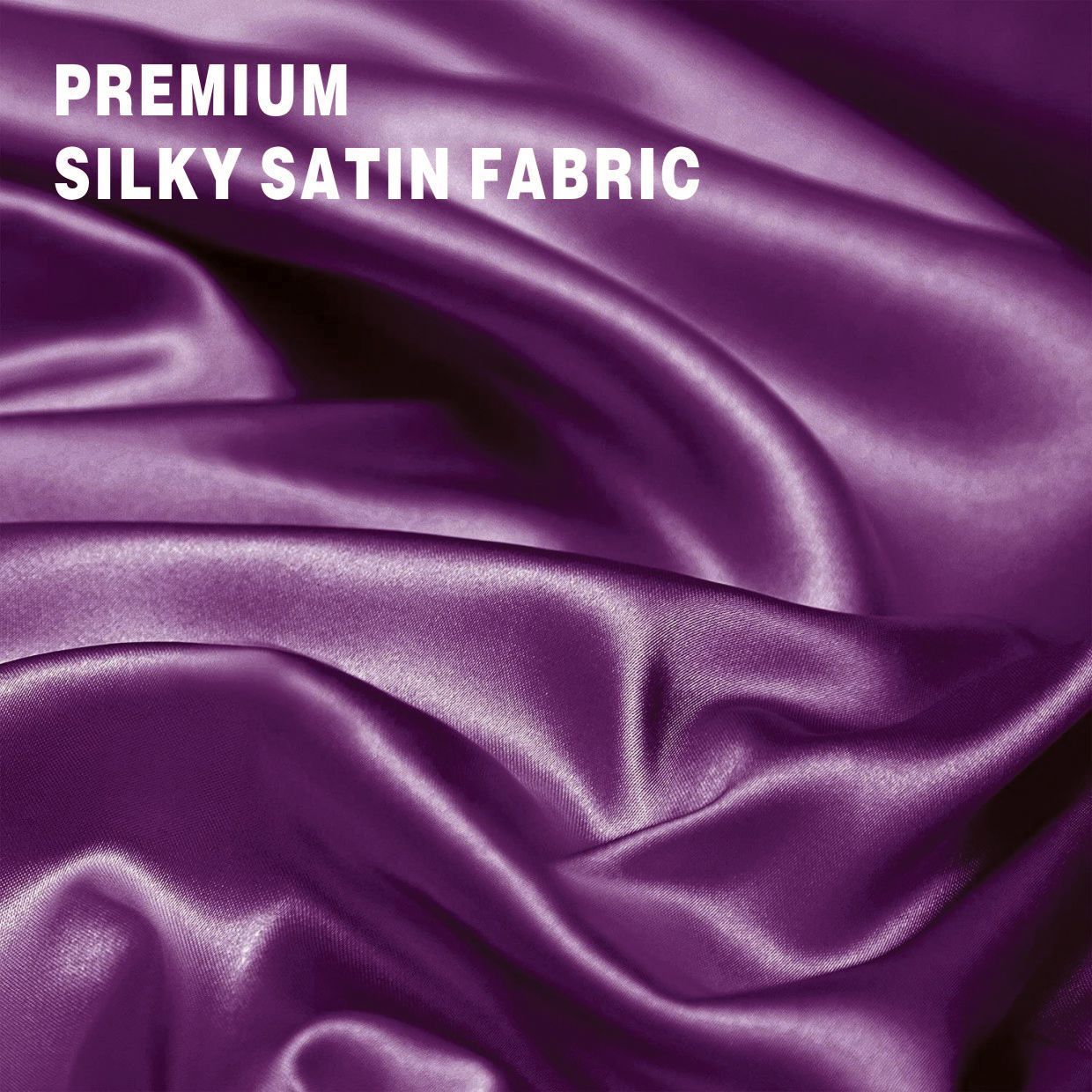 Purple satin fabric with 'PREMIUM SILKY SATIN FABRIC' text