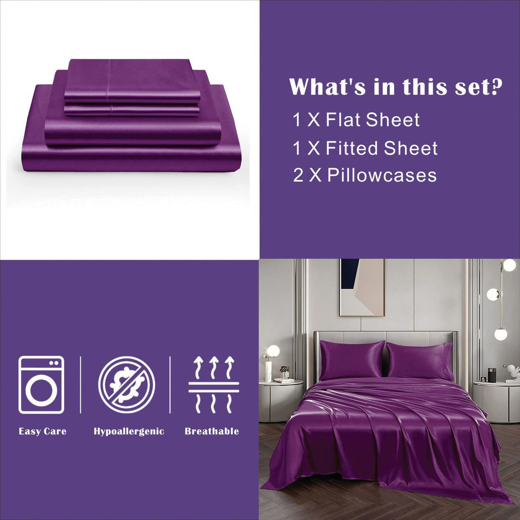 Purple satin bedding set with flat sheet, fitted sheet, and pillowcases on a white background.