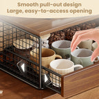 Wooden drawer with metal mesh organizer containing mugs and coffee beans, with text about design features