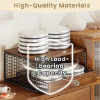 Stack of white plates on a wooden surface with text highlighting high-quality materials and load-bearing capaci