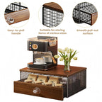 Wooden coffee station with a coffee machine and drawer, featuring easy-to-pull handle, suitable for various items, and smooth pull-out surface.