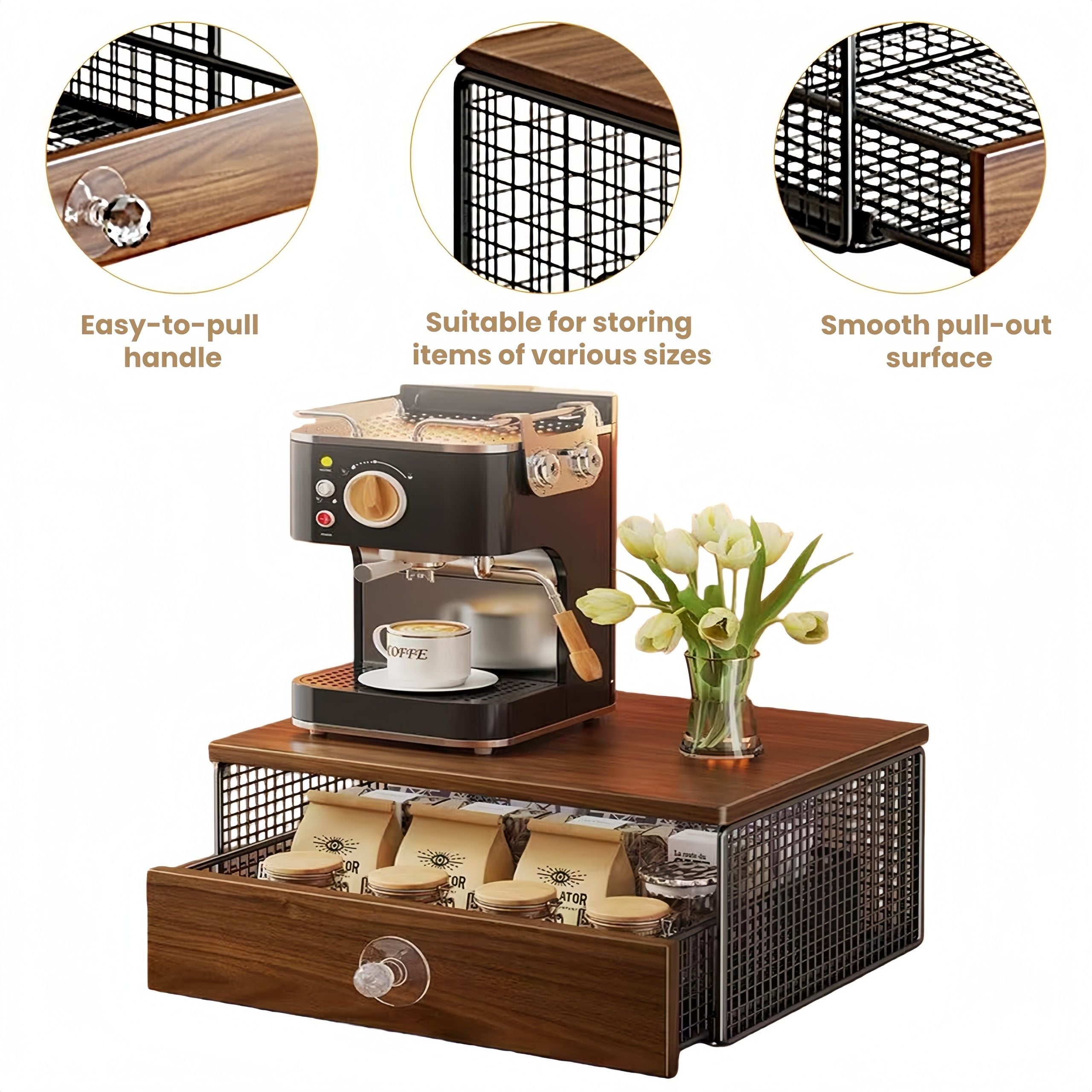 Wooden coffee station with a coffee machine and drawer, featuring easy-to-pull handle, suitable for various items, and smooth pull-out surface.