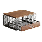 Wooden coffee table with metal grid design and drawer on a white background
