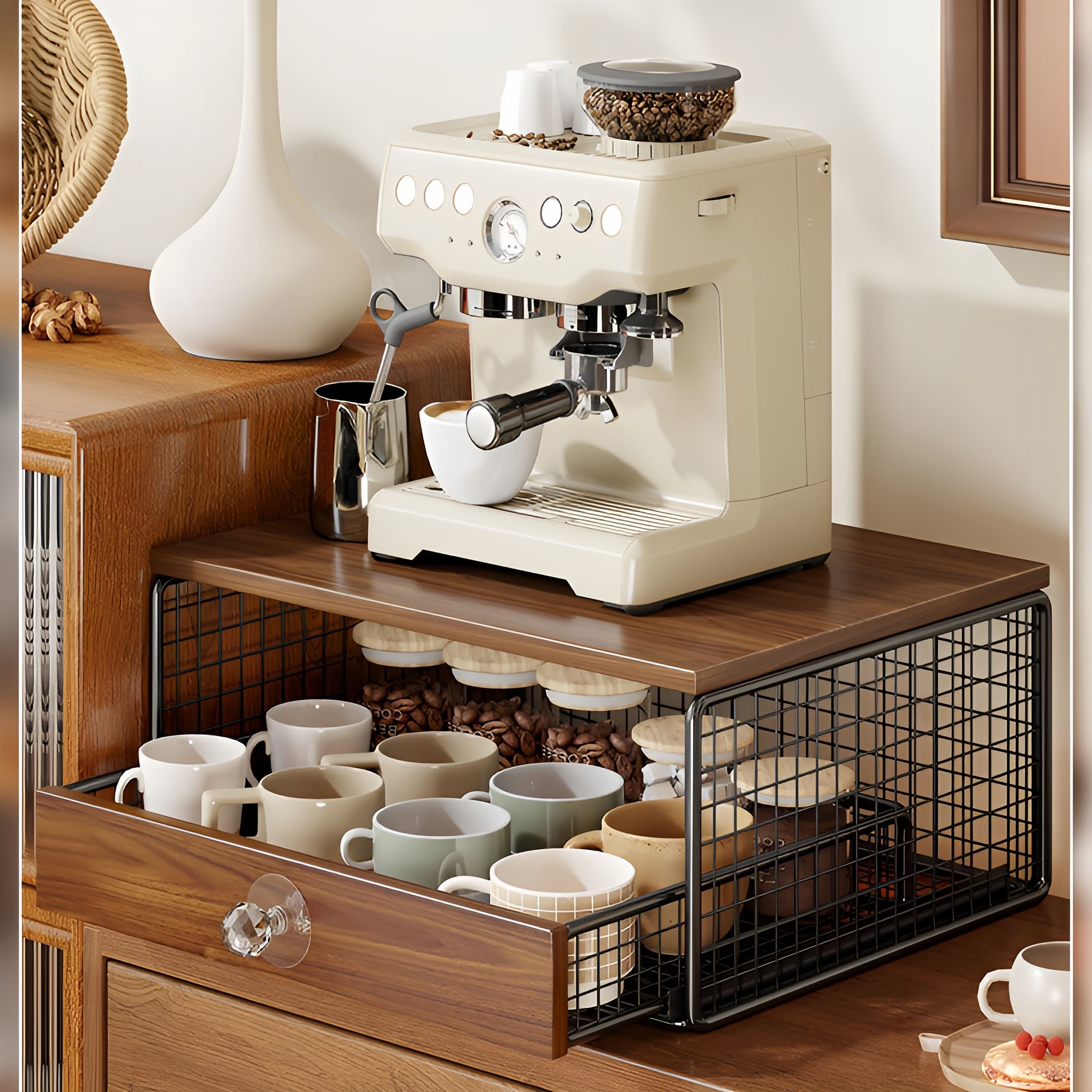 White espresso machine on a wooden counter with coffee cups and a drawer in a kitchen setting.