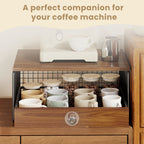 Wooden coffee station with cups and a coffee machine on a tiled wall background