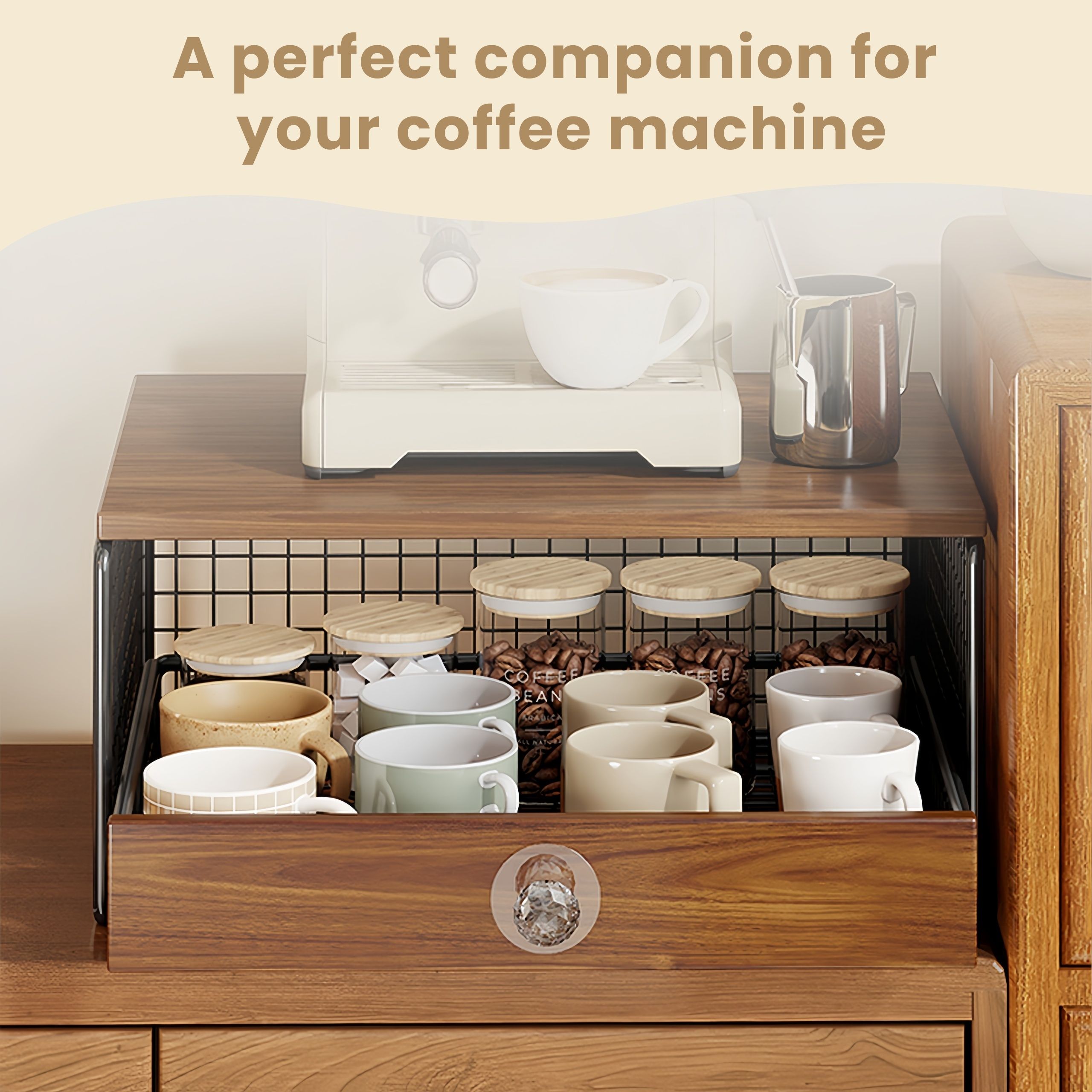 Wooden coffee station with cups and a coffee machine on a tiled wall background