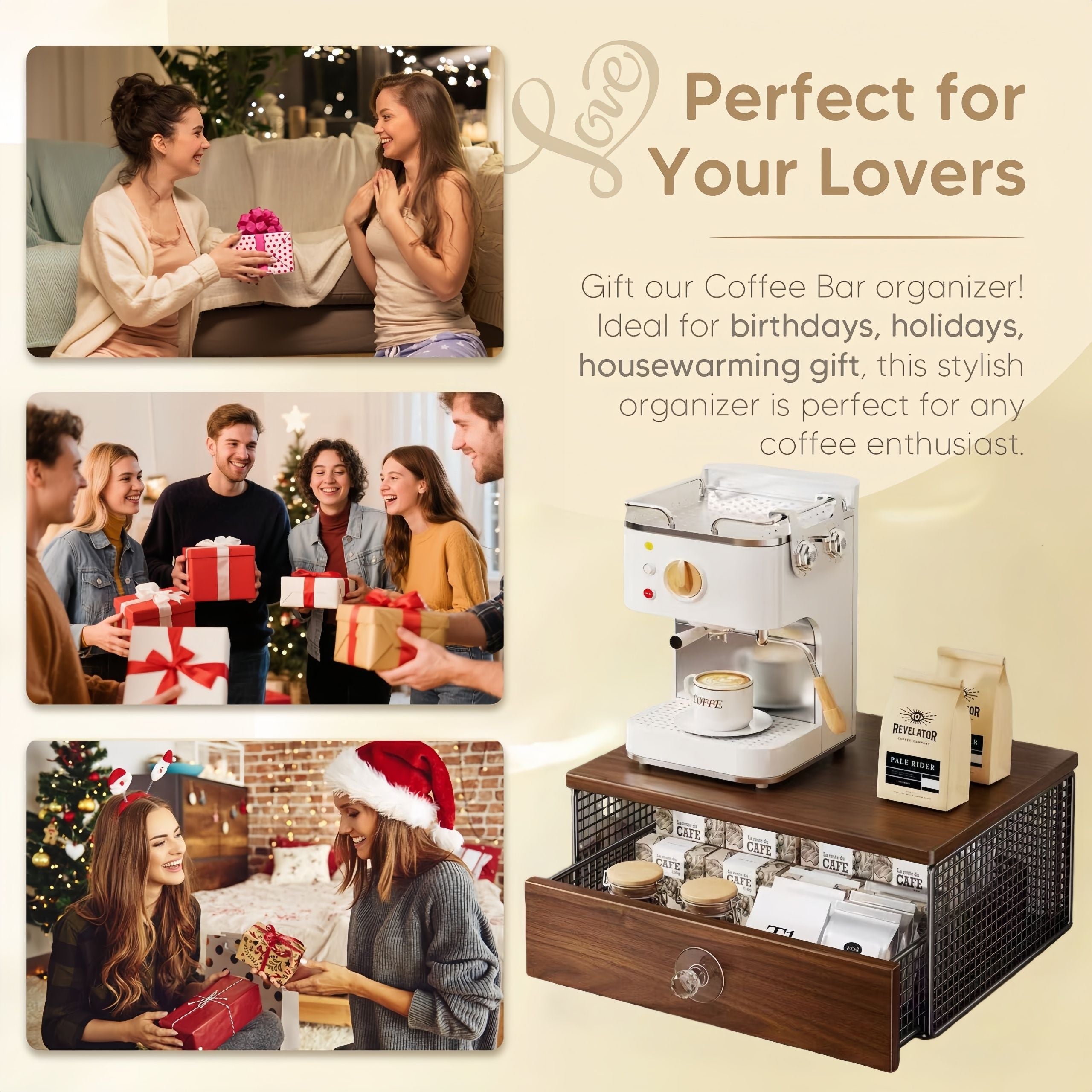 Coffee bar organizer with festive scenes and text 'Perfect for Your Lovers'.