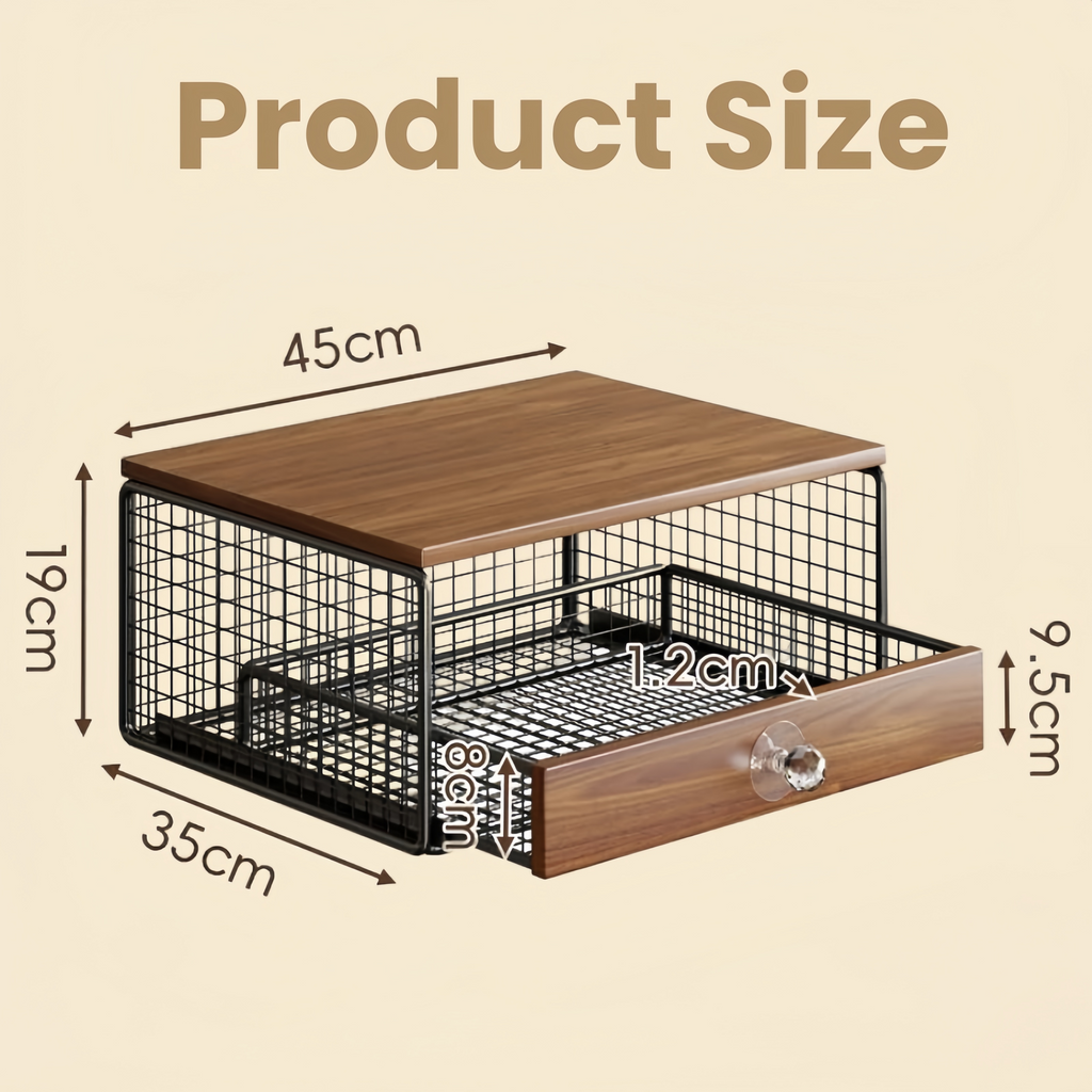Measurement chart of a wooden table with metal grid and drawer on a beige background