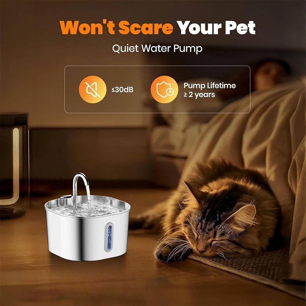 304 Stainless Steel Pet Water Fountain, 2.2L Quiet Drinking Dispenser with Dual Flow Modes, Multi-Stage Filtration for Cats & Small Dogs, USB Powered (B2)