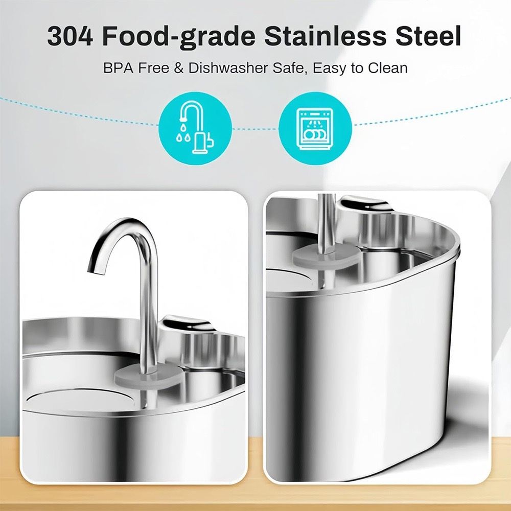 304 Stainless Steel Pet Water Fountain, 2.2L Quiet Drinking Dispenser with Dual Flow Modes, Multi-Stage Filtration for Cats & Small Dogs, USB Powered (B2)