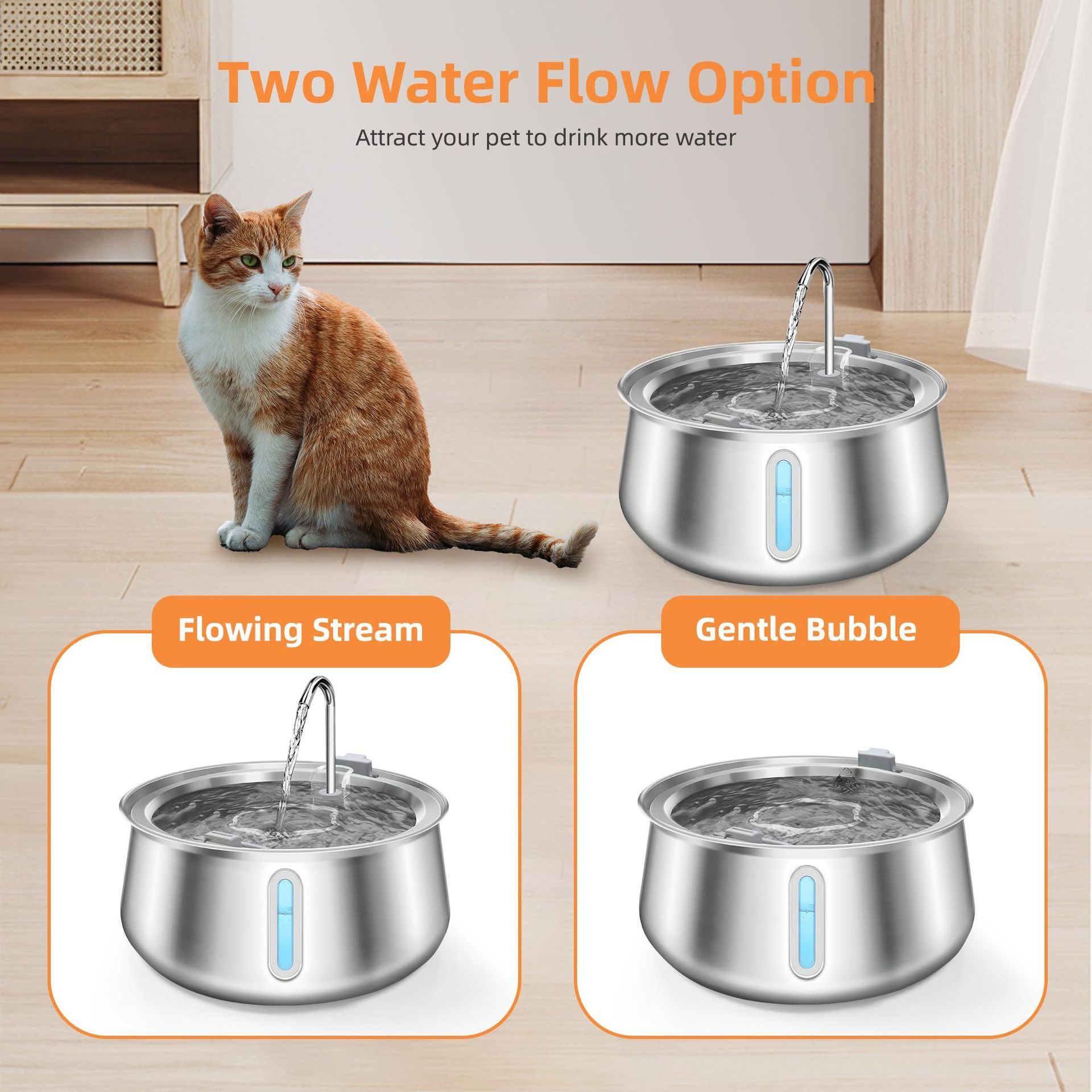 304 Stainless Steel Automatic Pet Water Fountain, 4L Cat Water Dispenser with Transparent Window, Dual Flow Modes, Activated Carbon Filter, Low Noise USB Pump for Indoor Cats and Dogs (B)