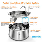 304 Stainless Steel Automatic Pet Water Fountain, 4L Cat Water Dispenser with Transparent Window, Dual Flow Modes, Activated Carbon Filter, Low Noise USB Pump for Indoor Cats and Dogs (C)