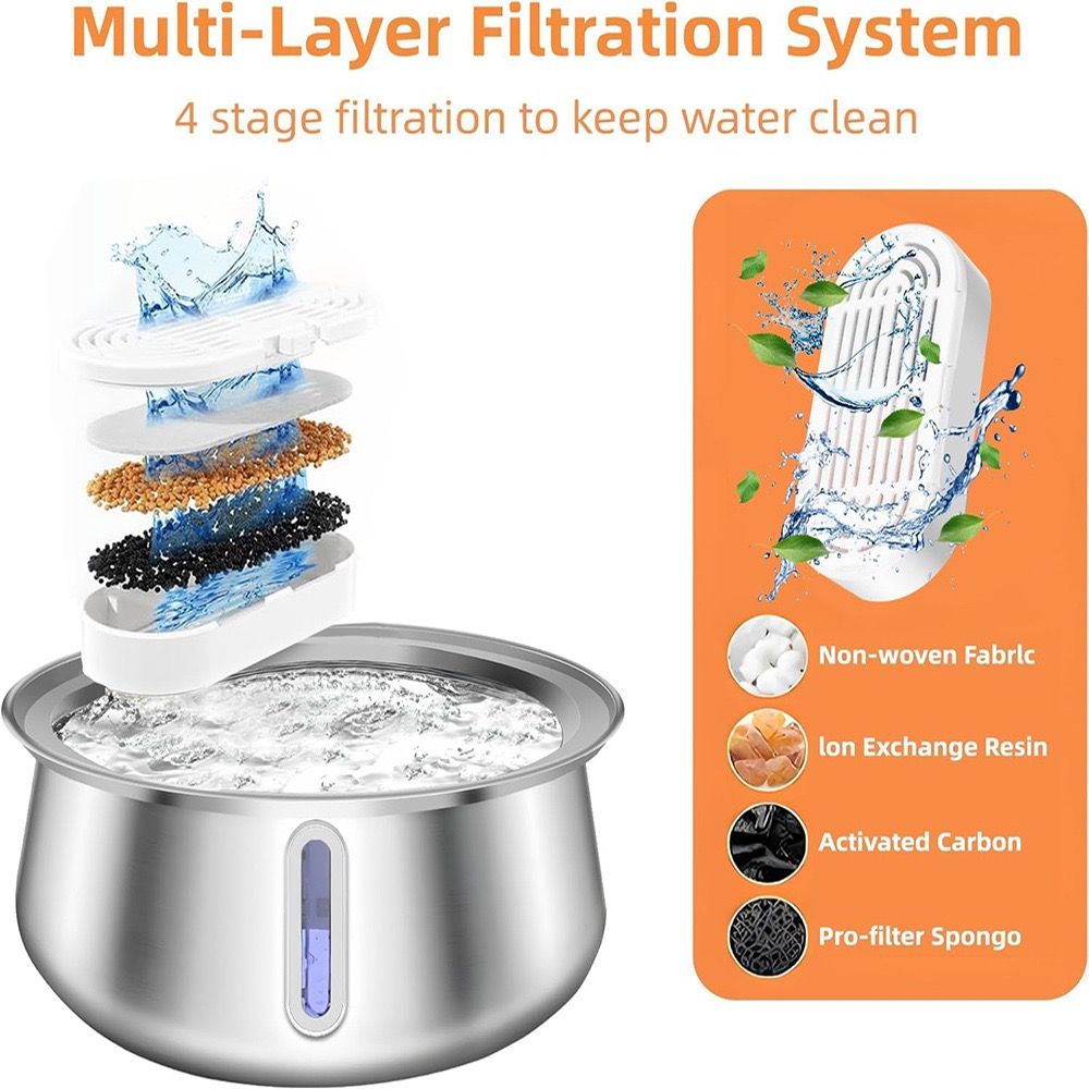 304 Stainless Steel Automatic Pet Water Fountain, 4L Cat Water Dispenser with Transparent Window, Dual Flow Modes, Activated Carbon Filter, Low Noise USB Pump for Indoor Cats and Dogs (C)