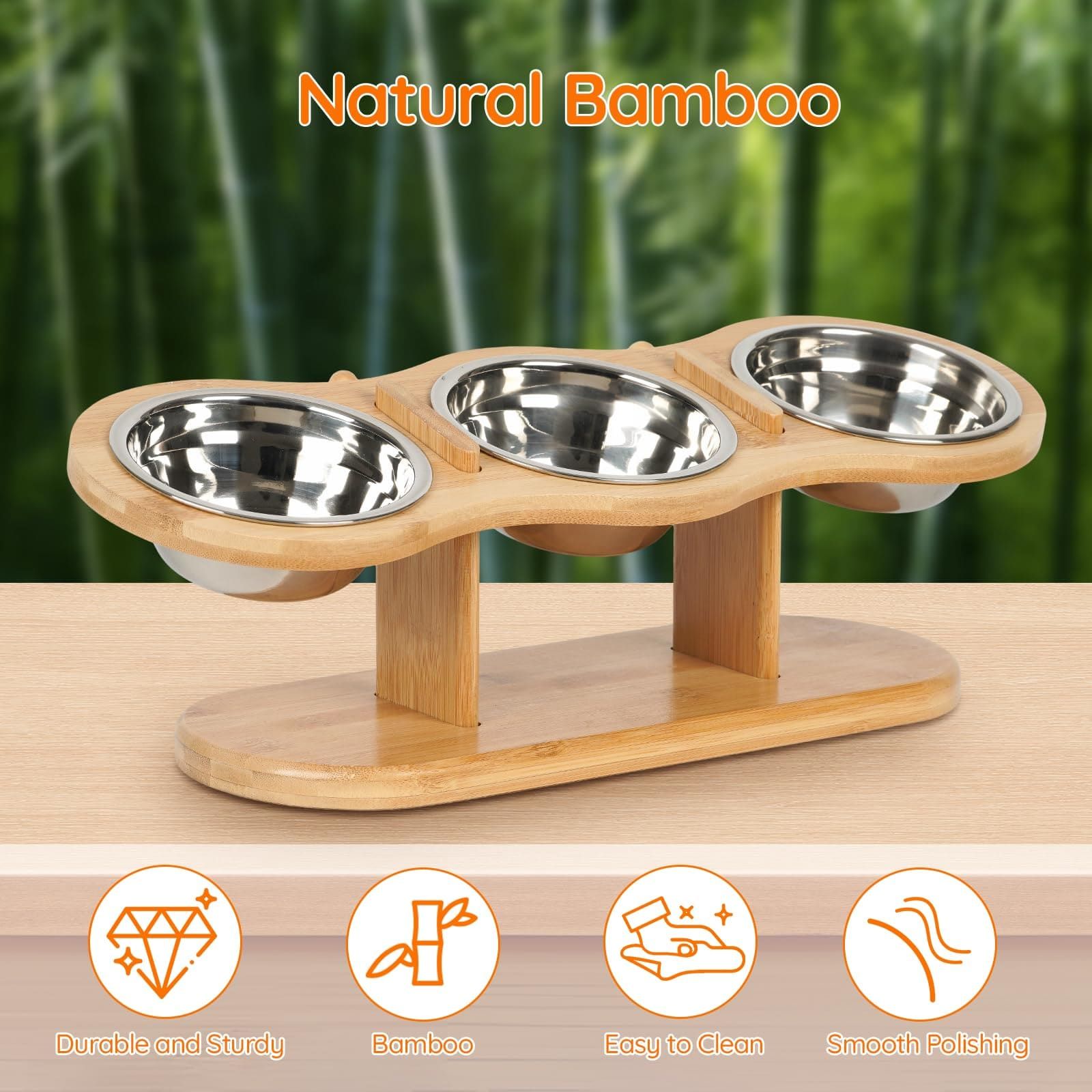 Elevated Cat Bowl Set with 3 Stainless Steel Bowls and 15° Angled Stand, Ideal for Indoor Cats and Small Dogs to Promote Healthy Eating and Digestion