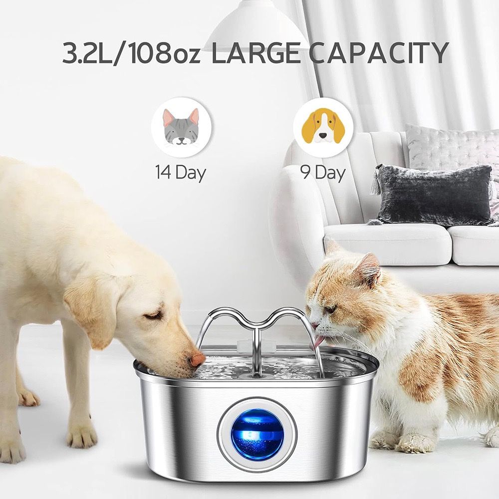 304 Stainless Steel Pet Water Fountain, 3.2L Oval Design with Dual Water Flow, Ultra-Quiet Automatic Circulating Filtered Drinking Station for Cats and Dogs, USB Powered (Adapter Not Included), Dishwasher Safe (B)