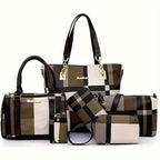 Set of checkered handbags with matching pouches on a white background